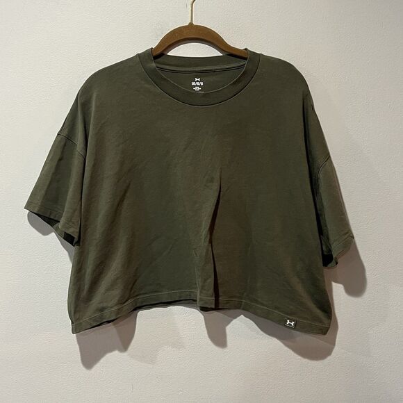 Under Armour Cropped T Shirt Women’s Large Olive Green Cotton Blend - Picture 1 of 8